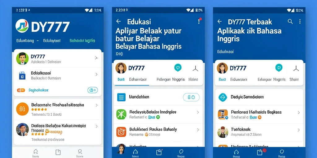 Screenshot DY777 menampilkan antarmuka aplikasi belajar bahasa Inggris yang interaktif.